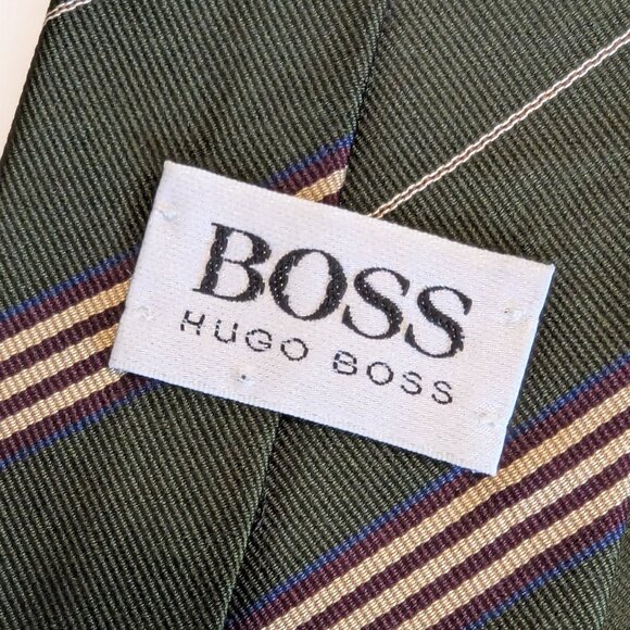Hugo Boss Khaki Diagonal Striped 100% Silk Tie - Made in Italy - Picture 6 of 8
